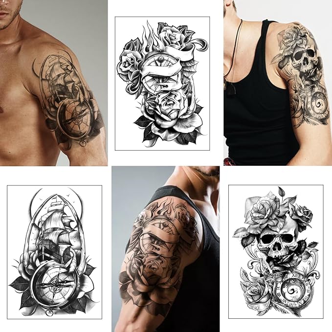 Yazhiji 36 Sheets Temporary Tattoos Stickers, 12 Sheets Fake Body Arm Chest Shoulder Tattoos for Men or Women with 24 Sheets Tiny Black Tattoos