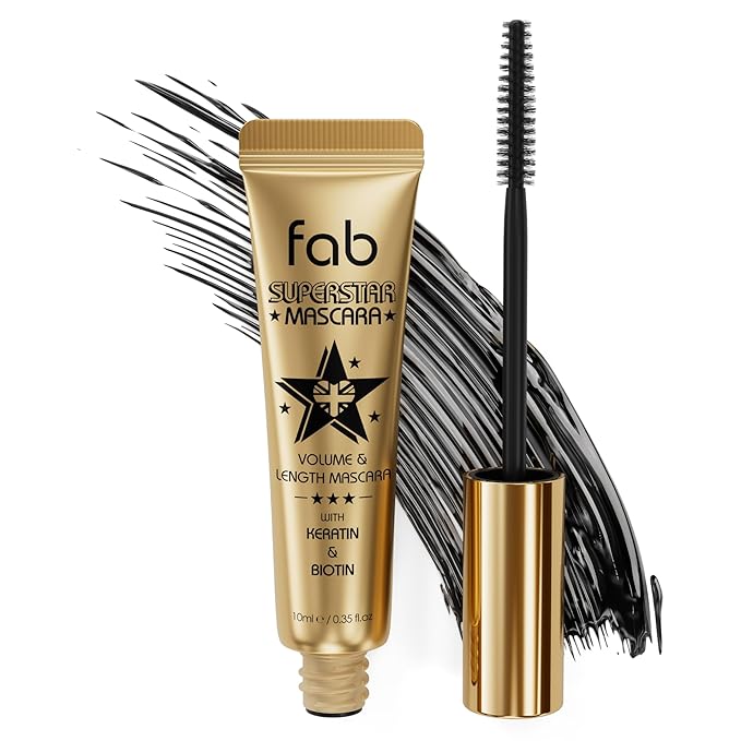 Fab Superstar Mascara: Waterproof Volumizing High Lash Lift Beauty Mascara: Black Liquid Mascarra for Bold Volume and Length - Infused with Keratin and Biotin for Longer, Better Defining Lashes - 10ml