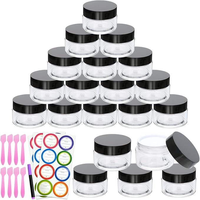 20 Pack 1oz Plastic Containers with Lids, Jars with Lids, Great for storing,lip balms, creams, ointments, cosmetics, samples