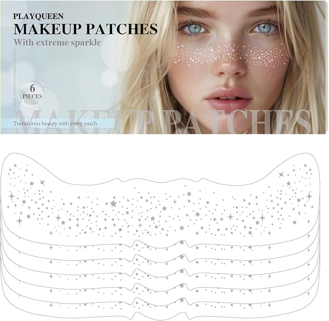 Glitter Freckles Face Tattoo，Face Makeup Patches，Silver Fake Freckles-6 Count，Waterproof-Fun & Creative Face Glitter Stickers，Temporary Face Freckles for Women，Must-Have for Music Party Makeup