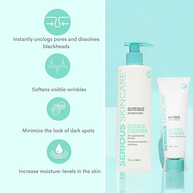 Serious Skincare Glycolic Cleanser - Glycolic Acid Skin Exfoliating Face Wash - 10% Glycolic Acid - Deep Pore Purifying - Removes Makeup, Oil, and Impurities - Shave Prep - Anti-Aging AHA 12 Oz & 4 Oz