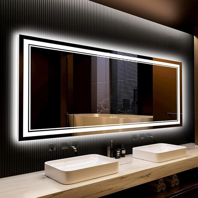 84x32 Inch LED Bathroom Mirror with Lights, Backlit & Front Lit, Anti-Fog Lighted Vanity Mirrors for Bathroom Wall, Dimmable, 3-Color Light, Memory, Shatter-Proof, Tempered Glass, ETL Listed