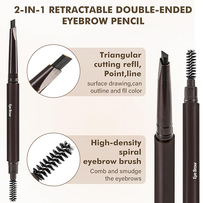 Ultimate Eye Brow Pencils Set for Women, 10Pcs Retractable Double-ended Eyebrow Pen with Brow Brush, Shaping & Filling, Contours, Definers, Fine Tip (01-10Pcs-Black-Retractable Triangle)