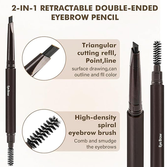 Ultimate Eye Brow Pencils Set for Women, 10Pcs Retractable Double-ended Eyebrow Pen with Brow Brush, Shaping & Filling, Contours, Definers, Fine Tip (01-10Pcs-Black-Retractable Triangle)