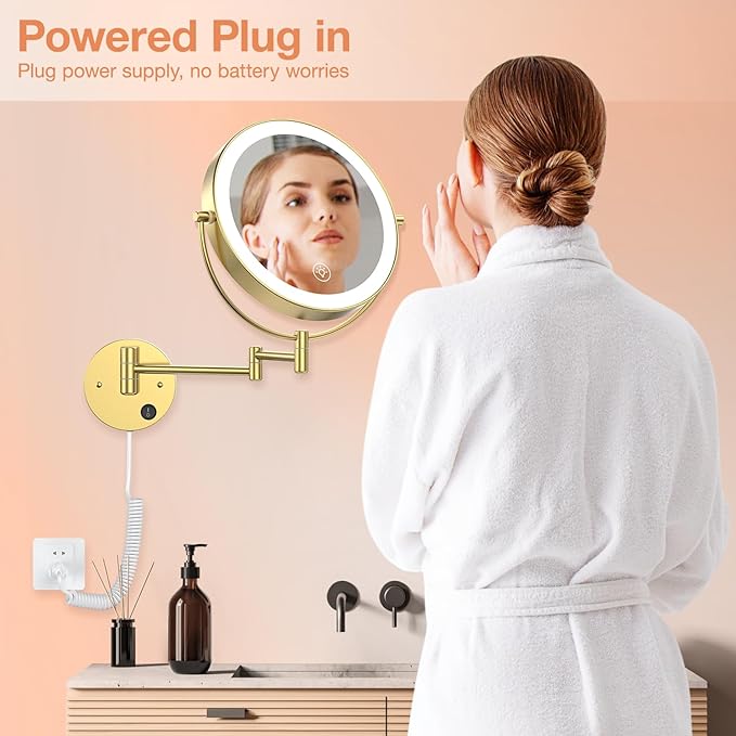 Benbilry 9" Large Wall Mounted Lighted Makeup Mirror, 1X/10X Magnifying 2-Sided AC Plug-in Powered Bathroom Mirror with 3 Color Lights, Touch Dimmable, Extended Arm 360° Rotation, Gold