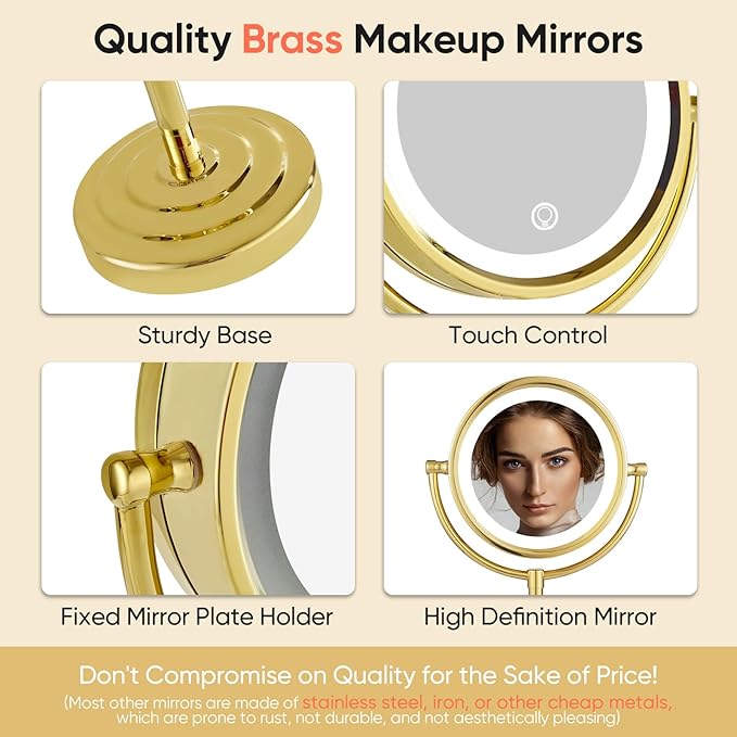 GURUN 8.5 Inch Rechargeable LED Lighted Tabletop Makeup Mirror with 10x Magnification Dimmable 3 Colors Touch Control 4500mAh Double Sided Gold Finish 2208D-T(10x, Gold)