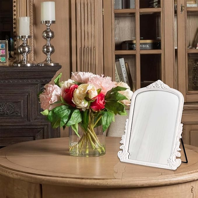 11.8" x 9.6" Small White Arched Vanity Mirror, Vintage Makeup Mirror Baroque Style Arendahl Carved Mirror with Frame for Desk Decorative Table Aesthetic for Dresser,Bedroom,Living-Room