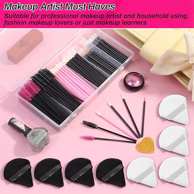 Disposable Makeup Accessories with Makeup Applicators Triangle Makeup Puffs, Mascara wands, Disposable Lip Applicators, liner Brushes Makeup Tools for Makeup Artist Supplies