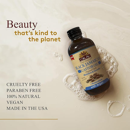 Okay Pure Naturals Black Jamaican Castor Oil with Argan Oil - Castor Oil for Hair Growth, Moisture for Skin, Face, Scalp, Eyelashes, Eyebrows, for Men & Women - 4 Fl Oz Glass Bottle (2 Pack)