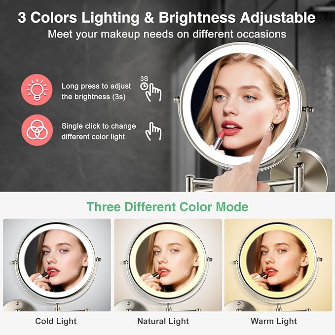 30X/1X Wall Mounted Makeup Mirror with Light: 8.5 Inch Double-Sided, 3 Color Modes, USB-C Rechargeable, 360° Swivel, Brushed Nickel
