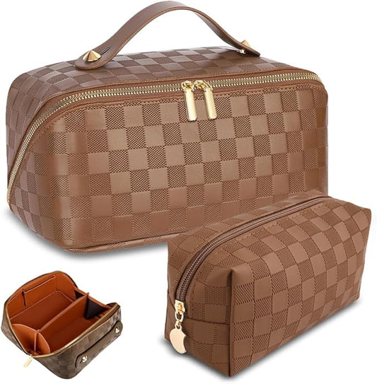 Checkered Travel Makeup Bags Cosmetic Organizer Bag: 2-Set Large Capacity Waterproof Makeup Bag - PU Leather Toiletry Bag for Women - Wide Open Portable Pouch with Handle and Divider (BROWN)