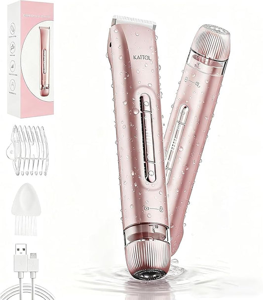 Bikini Trimmer for Women, 2 in 1 Dual Head Bikini Shaver IPX7 Waterproof Women Eletctric Razors, USB-C Rechagreable Body Shaver for Public Hair, Silk Skin, Facial and Body, Rose Gold