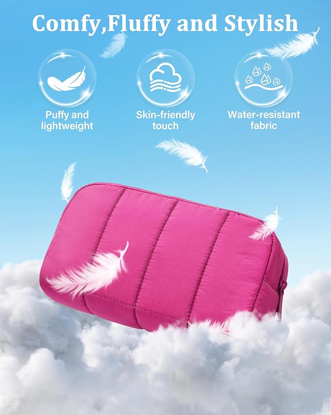 oscaurt 2 Pcs Makeup Bag Travel Toiletry Bag for Women Puffy Padded Cosmetic Pouch Purse Wide-open Makeup Organizer Case Travel Essentials