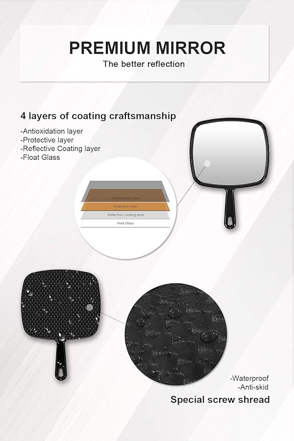 Hand Mirror, Extra Large Barber Hairdressing Handheld Mirror with Handle for Salon, Square