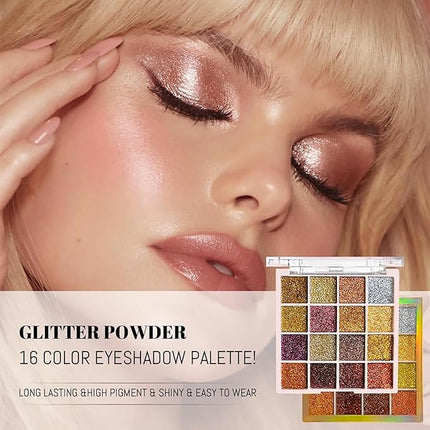 K'APEINE Gold Glitter Eyeshadow Palette, 16Colors Fine Pressed Sparkle Eye Shadow Metallic Glitter Powder Makeup Pallet Ultra Shimmer Makeup Kit Highly Pigmented Long Lasting Waterproof for Face Body