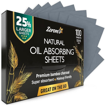 Natural Oil Blotting Sheets for Face with Bamboo Charcoal - 25% Larger - 1pk/100 Makeup Friendly Oil Absorbing Sheets for Face - Easy Dispensing Blotting Papers - Perfect for Keeping in Purse