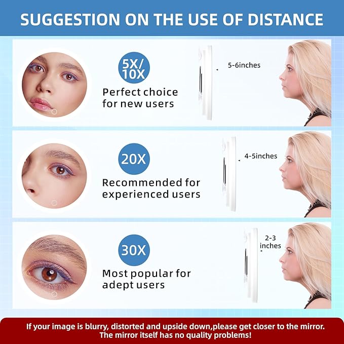 30X Magnifying Mirror with Lights, 6inch Makeup Magnifying Mirror, Travel 30x High Magnification with 3 Color Dimmable Lights - 3 Suction Cups & Adjustable Stand, for Detailed Makeup/Shaving