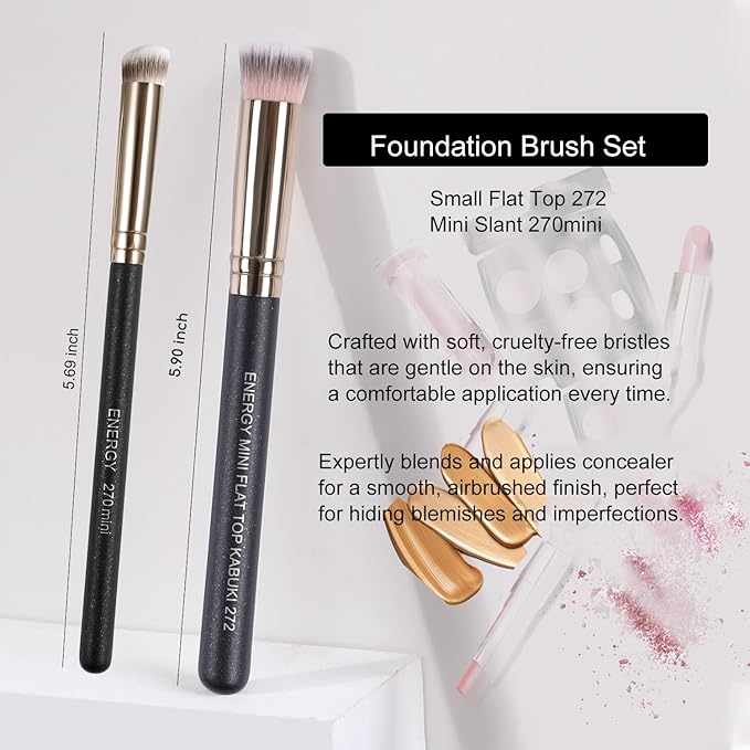 ENERGY Concealer Brush Set - Mini Flat Top Kabuki Brush Slant Concealer Brush for Eyebrows Eyeshadow Under Eye Setting Powder for Liquid Cream Powder Blending