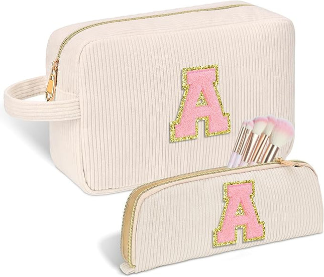 Personalized Initial Makeup Bag Trendy Stuff Corduroy Cosmetic Bag Travel Toiletry Bag, Valentine’s Day Gift Makeup Organizer Case & Makeup Pouch for Women Teen Girls Mom Girlfriend Wife