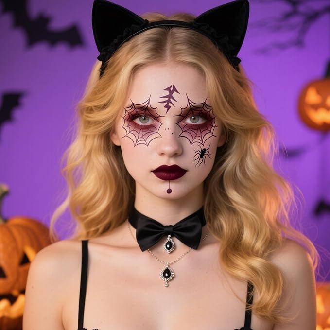 8Pcs Halloween Face Tattoos Temporary, Tattoos Decals with Spider Web & Spider Design,Temporary Makeup Tattoos Stickers, Face Tattoo Sticker Art for Halloween, Adults, Kids, Costume Parties
