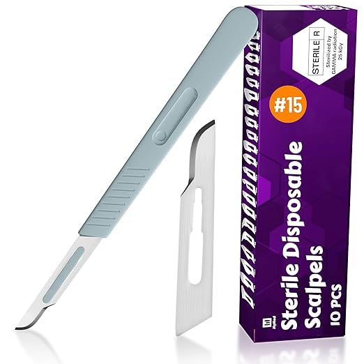 #15 Disposable Scalpel, Pack of 10 Dermaplaning Blades with Plastic Handle, Scalpel for School Science, High Carbon Steel Dermablade Blades. Individually Wrapped, Sterile