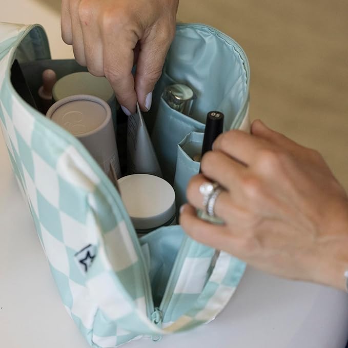 Tiny Twinkle Portable Waterproof Makeup Bag | Travel-Friendly Cosmetic Organizer with Convenient Carry Handle | Spacious Interior, and Secure Zipper Closure (Sage Checkers)