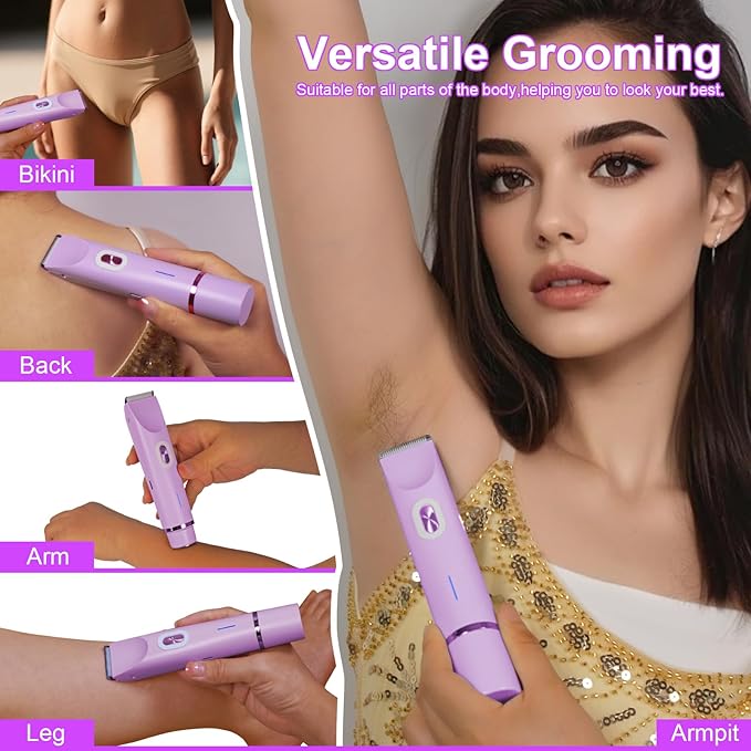 Electric Bikini Trimmer for Women, 2-in-1 Waterproof Hair Shaver and Epilator, IPX7 Wet/Dry Lady Shaver for Bikini, Legs, Underarms, Purple