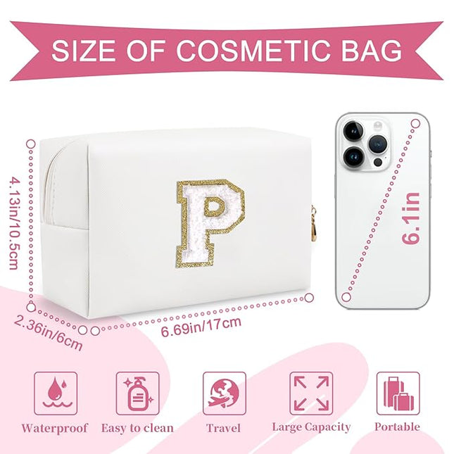 Small Personalized Initial A-Z Preppy Patch Makeup Bag,White PU Chenille Letter Travel Cosmetic Pouch with Zipper,Cute Toiletry Bag,Gift Ideal for Teen Girls Women Teacher Bridesmaid,Letter P
