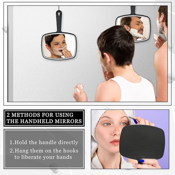 Qunclay 10 Pcs Large Hand Mirror Handheld Mirror with Handle Wall Mount for Barber Bathroom Portable Beauty School Gift for Vanity Makeup Home Salon Travel Use(7.3'' W x 10.3'' L,Black)
