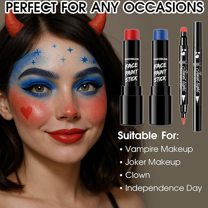 BAD COLOR 3PCS Red Blue Face Body Paint Stick Makeup for Harley/Joker SFX Cosplay & Dress Up, Red Liquid Eyeliner Stamp Pen for Clown Costume Cosplay