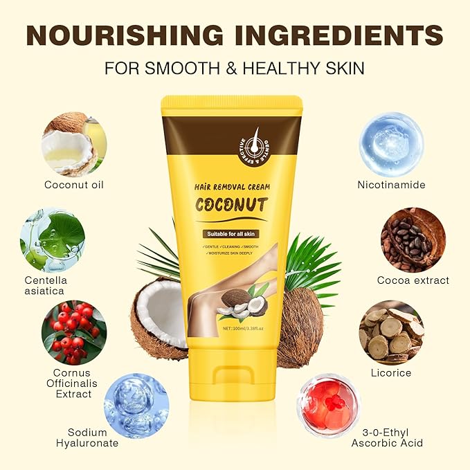 Hair Removal Cream, Legs Hair Removal Creams for Women, Coconut Depilatory Cream for Intimate Areas and Pubic Area, Painless Flawless Depilatory Sensitive Formula Suitable for All Skin Types