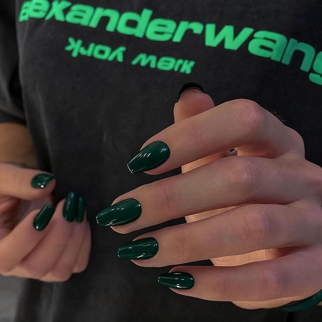 Olive Green Press on Nails Medium Coffin Fake Nails Press ons KXAMELIE Full Cover False Nails Tips Medium Length Glue on Nails Natural Thick Long Acrylic Nails 24Pcs Solid Color Coffin Nails for Women