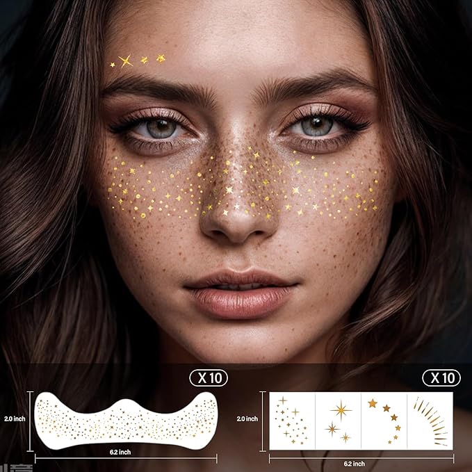 20 Pcs Gold Face Makeup Patches, Glitter Freckles Face Tattoo Gold Makeup, Glitter Freckles, Sparkle Makeup Patches, Waterproof Face Glitter Freckles Patches for Women