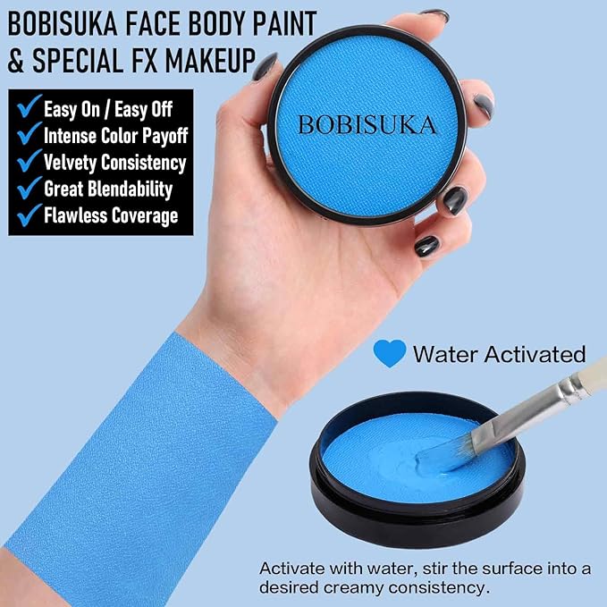BOBISUKA Sky Blue Face Body Paint, Water-Based Face Painting Kit & Body Paints, Kids Adults Facepaint for Halloween Stitch Mermaid Sally Corpse Bride Emo Makeup, Costume Cosplay Party Theater & Stage