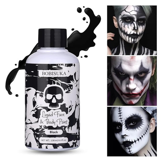 BOBISUKA Black Face Body Paint Liquid Texture Washable Non Toxic Facepaint Fast Drying Foundation Makeup for Halloween Clown Skeleton Skull Cosplay SFX Costume Party Large Capacity(130ml)