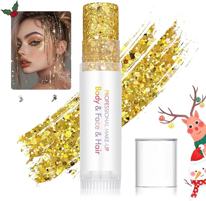 Christmas Body Glitter Stick Glod Face Glitter Silver Hair Glitter Christmas Face Paint Rave Makeup Glitter Festive Face Gems Halloween Fine Chunky Glitter Stick for Women Girls 2Pack