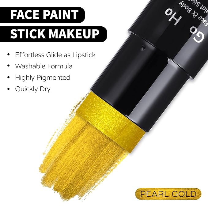Go Ho Metallic Gold Face Body Paint Stick,Washable Face Paint Eye Black,Non-toxic Cream Metallic Finish Gold Body Paint for Halloween Cosplay SFX Makeup
