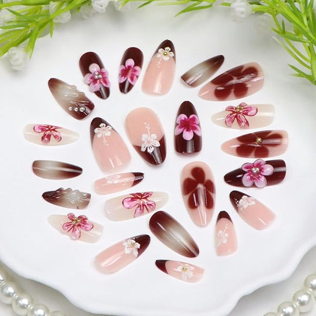 Almond Press on Nails Medium Fake Nails with 3D Flower Gold Pearl Designs French Tip Nails Press ons Pink Acrylic Nail Glossy Glue on Nail Gradient Stick on Nail for Women 24 Pcs