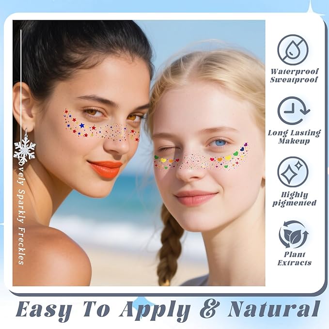 12pcs Rich Rainbow Color Glitter Freckles Face Tattoo, Waterproof Long Lasting Multicolor Speckles Patches for Women Kids, Cute Heart&Star Temporary Tattoo Makeup Rave Accessories for Festival