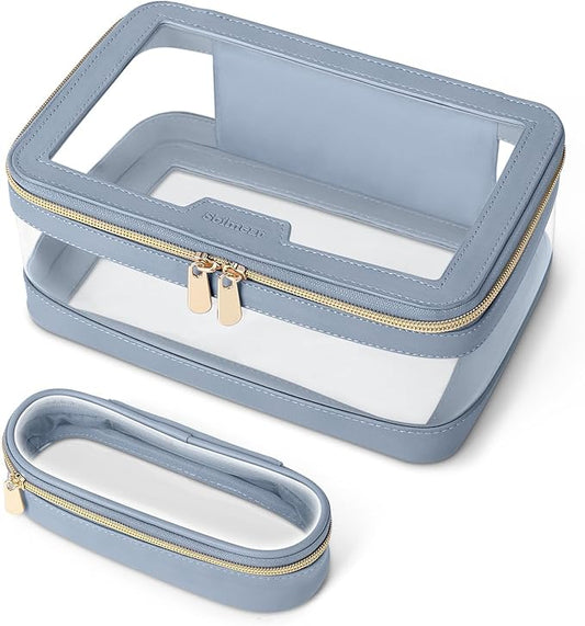 Travel Clear Makeup Bag with Makeup Brush Bag, Leather Makeup Case Toiletry Bag, Portable Cosmetic Bag Case, Transparent Waterproof Cosmetic Organizer Storage Bag for Women, Blue