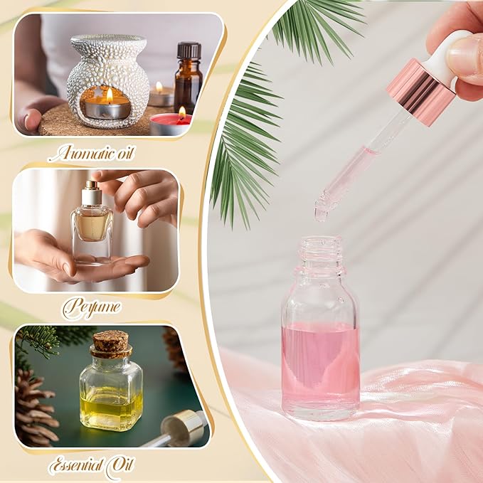 100 Pcs Mini Glass Oil Dropper Bottle Bulk, Clear Essential Small Empty Bottles Sample Containers Perfume Liquid Vials with Cap for Traveling (15 ml,Rose Gold)