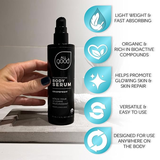 All Good Rejuvenating Body Serum for Men & Women - Calendula, Moringa, Sea Buckthorn & Essential Oils - Lightweight, Moisturizer & Replenishing Serum - Made in USA - 3oz (Grapefruit)