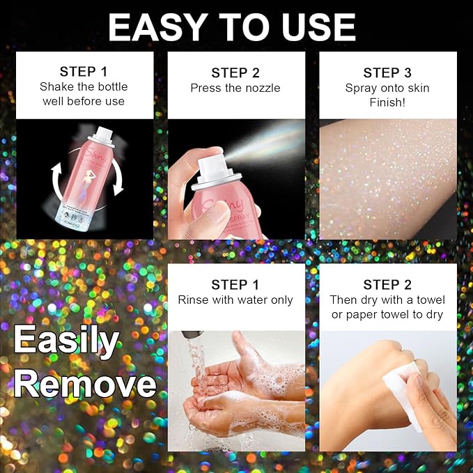 Hair and Body Glitter Spray – Holographic Body Glitter, Long-Lasting Quick-Dry Silver Glitter Hairspray, Shimmer Spray for Face, Clothes, Festival, Rave, Stage, Prom Party Makeup