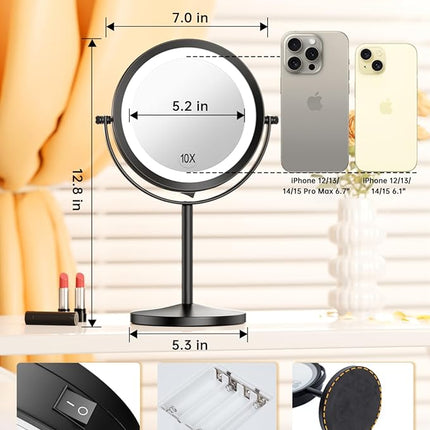 Gospire 7" Lighted Makeup Mirror with Magnification 10X/1X Double Sided, Round Magnifying LED Vanity Standing Cosmetic Shaving Mirror with Battery Operated, Cordless Portable for Bathroom Bedroom