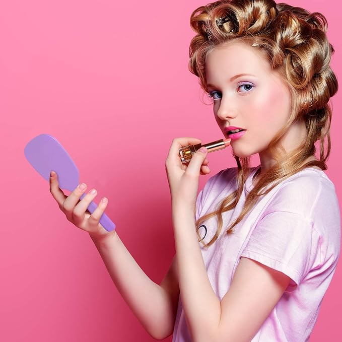 Hicarer 16 Pcs Hand Handheld Mirror with Handle Plastic Travel Makeup Handheld Cosmetic Mirror for Travel, 3.15 Inch Wide, 7.09 Inch Long (Blue,Green,Pink,Purple)