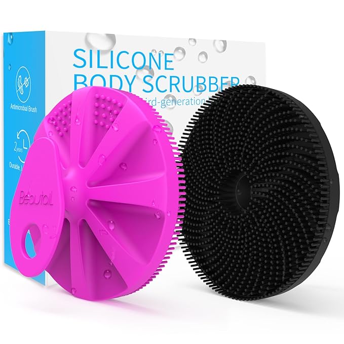 Silicone Body Scrubber 2 Pack, Gentle Bristles Shower Bath Brush, Lather Nicely, Soft Massage Body, More Hygienic Than Loofah, Gentle Exfoliating for Sensitive Skin, Purple+Black