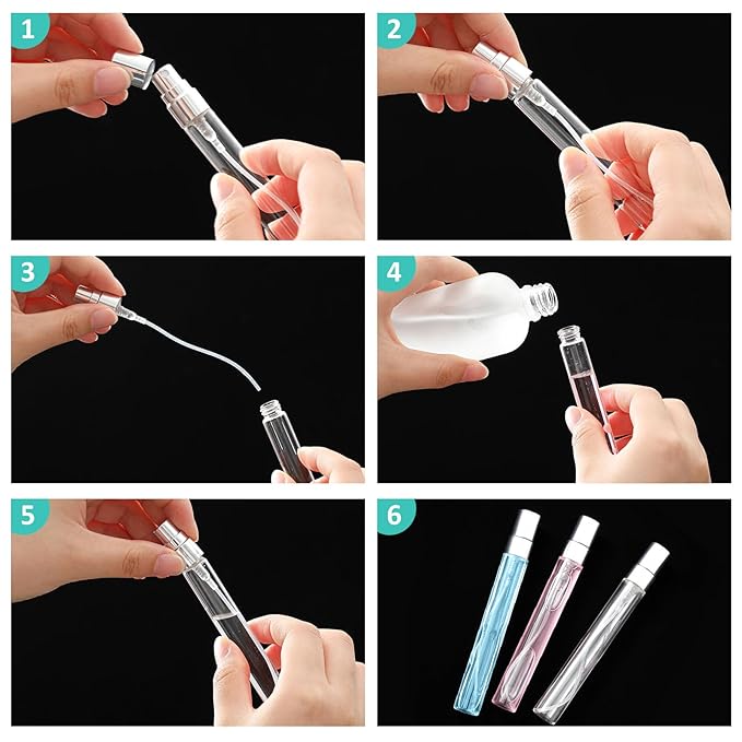 Zhehao 50 Pcs Mini Spray Bottles 10 ml Clear Glass Perfume Bottles Refillable Fine Mist Perfume Atomizer Portable Empty Sample Containers for Cleaning, Essential Oils, Travel (Silver Cap)