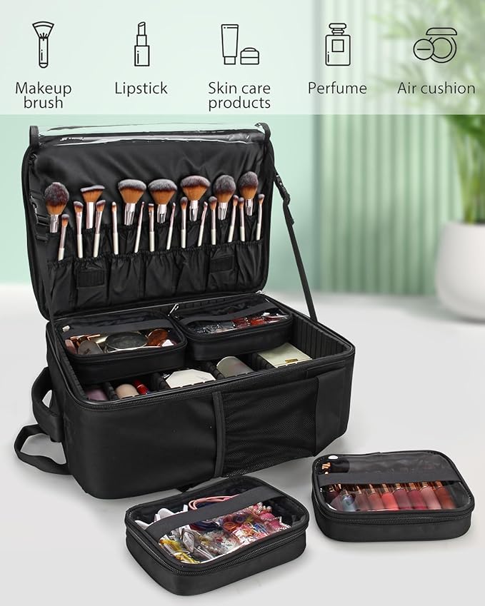Makeup Backpack Makeup Artist Bag Professional Extra Large Cosmetic Bag Travel Train Case Storage Organizer Double-Layer Large Capacity Cosmetic Case with 4 Pouch(Black)