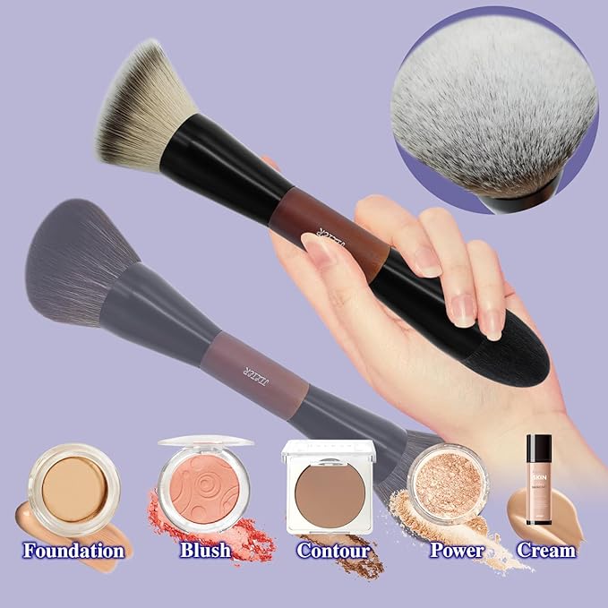 Double Ended Foundation Brush & Blending Brush for Makeup, Soft, Dense Bristles for Sensitive Skin, Duo Blush Brush for Liquid, Powder, Cream, Blending, Buffing–Travel-Friendly, Kabuki Makeup Brushes