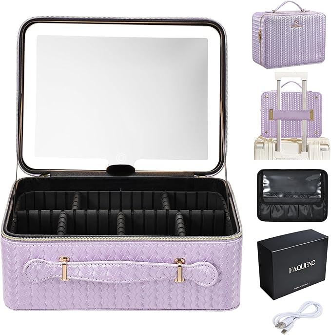 Leather Makeup Case with LED Lighted Mirror 11.4 Inch Travel Makeup Bag Adjustable Brightness in 3 Colors Cosmetic Organizer Artist Storage Bag with Dividers Brush Holder Bag Vanity Shiny Purple